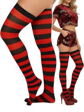 Thigh high red and black socks